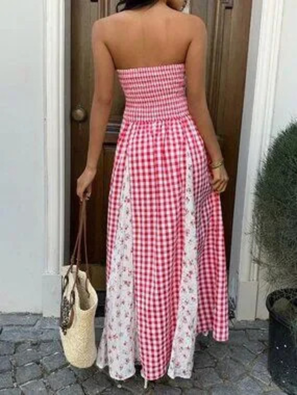 Women's Plaid & Floral Patchwork Strapless Cinched Waist Backless maxi Dress